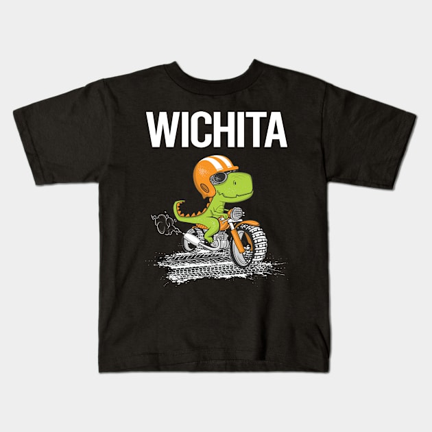 Biking Dinosaur Wichita Kids T-Shirt by flaskoverhand